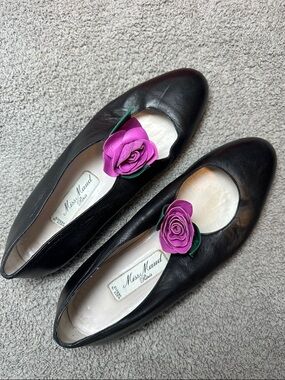 Vintage Miss Maud Made in France Leather Black Ballet Flats Size 8 Purple Flower